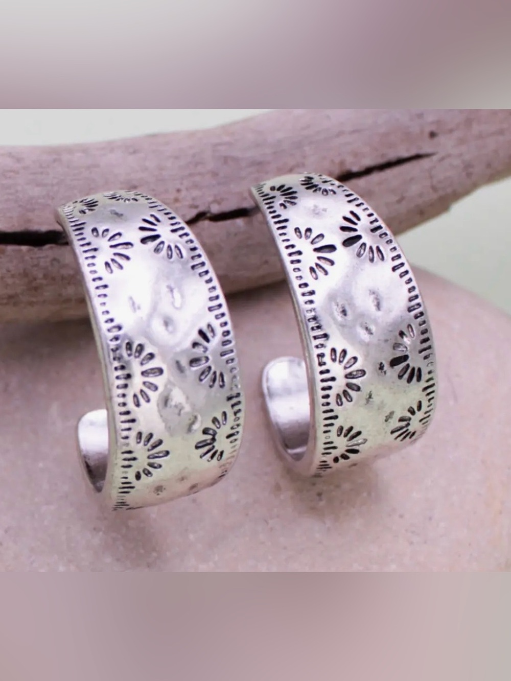 Silver Floral Pattern Hoop Earrings -New with Tags